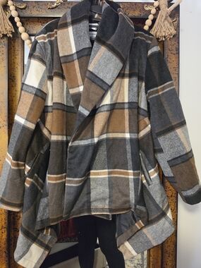 Chicwish Plaid Wool-Blend Pea Coat in Brown, Gray, Cream